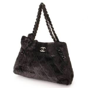 Chanel Black Chain Camellia Fur Mark Strap Bag Coco Tote